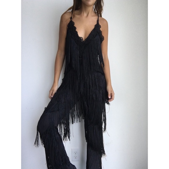 Pants - Black Fringes lace full length jumpsuit XS